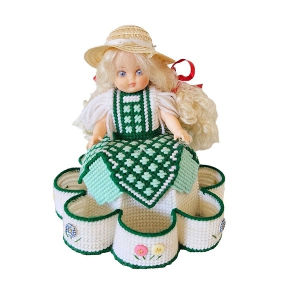 Vtg Handmade Plastic Canvas Table Top Doll Floral W/Organization Trinket Holder - Picture 1 of 13